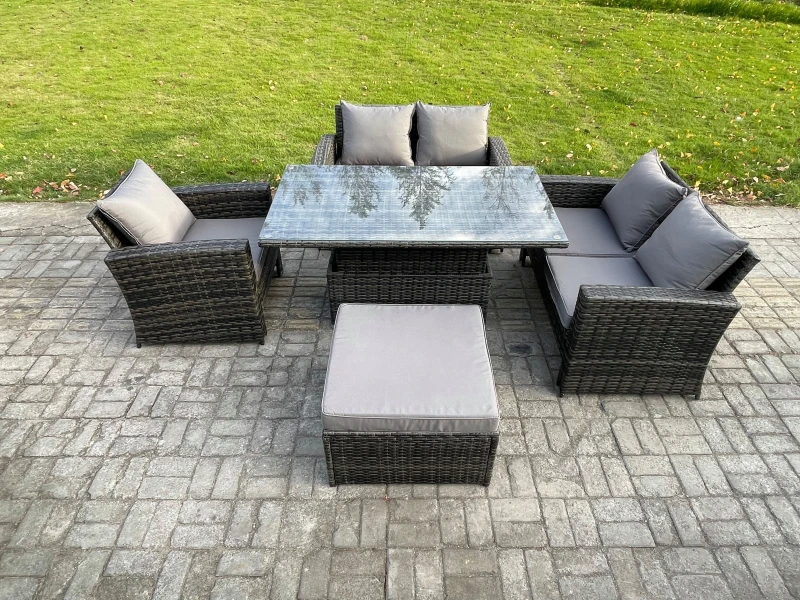 Image of Fimous 5pcs Rattan Outdoor Garden Furniture Set Height Adjustable Rising Lifting Table Sofa Dining Set with Big Footstool Dark Grey Mixed Dark Grey Un