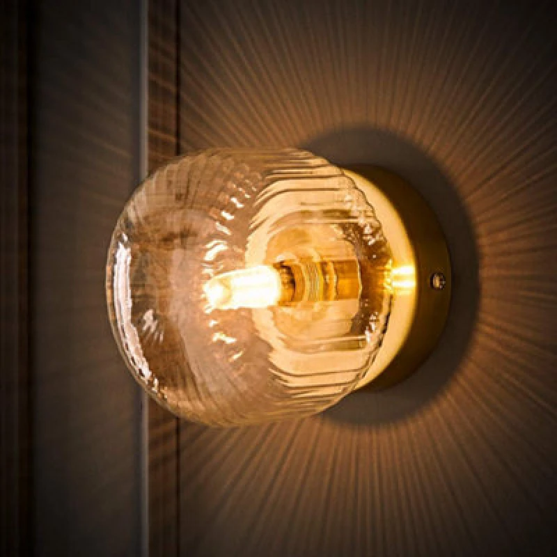 Image of ValueLights ValueLights Calpe Small Ribbed Glass Flush Ceiling Wall Light with LED Bulb in Gold Gold One Size Unisex 5059406071287