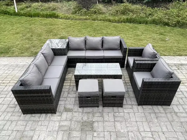 Image of Fimous 8 Seater Outdoor Dark Grey Rattan Lounge Complete Sofa Set with Oblong Coffee Table and 2 Big Footstool