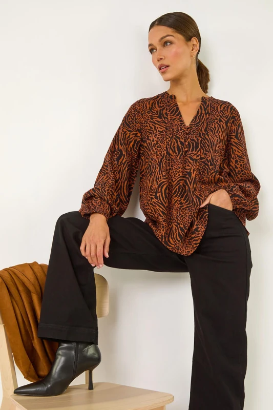 Image of Roman Animal Print Buttoned Pinktuck Top Orange female