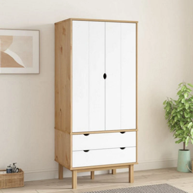 Image of vidaXL Wardrobe Otta Brown and White 76.5x53x172cm Solid Wood Pine, White 348590