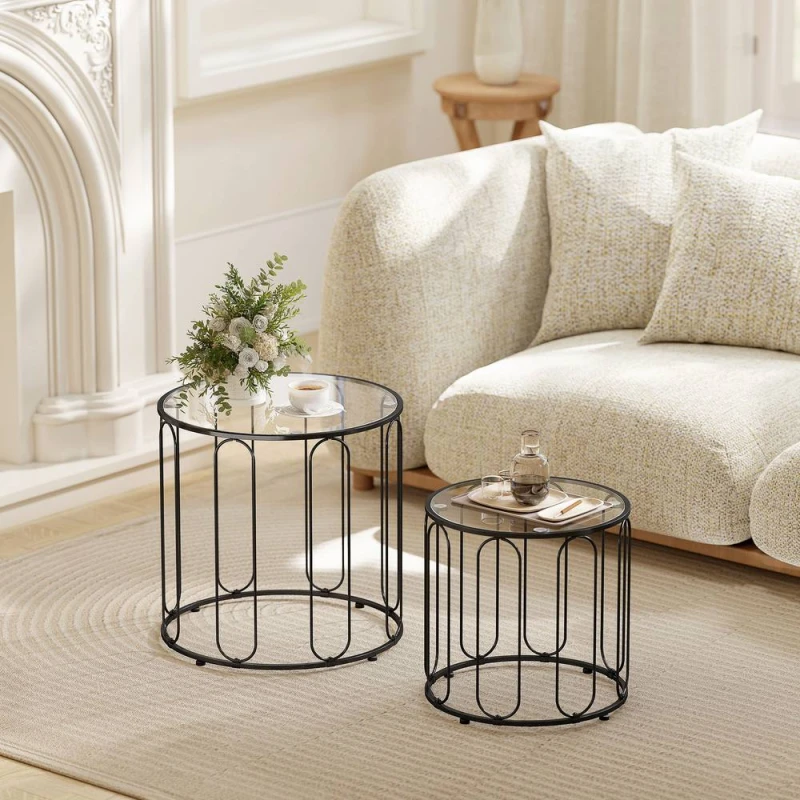 Image of HOMCOM Coffee Table Set of 2, Nest of Tables with Metal Frame, Black Unisex