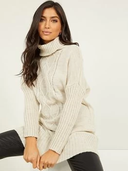 image of Quiz Stone Chunky Knit Jumper Dress - S - natural