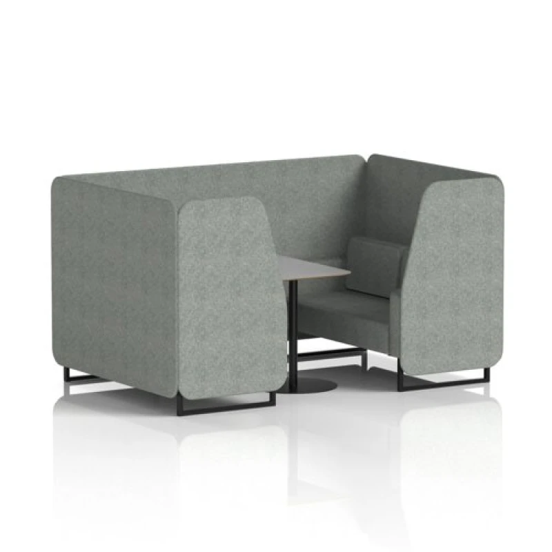 Image of Brixworth 4 Seater Office Booth with Front Panel - Black Legs and Grey Table with Black Leg in Rivet Fabric - Prime Panels and Sofa