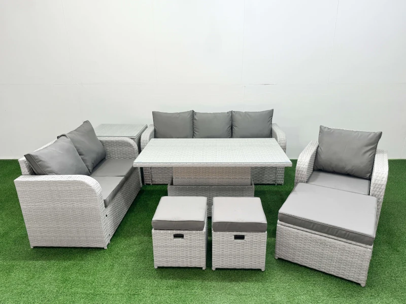 Image of FIMOUS Fimous - Patio pe Wicker 9 Seater Outdoor Rattan Furniture Sofa Sets with Adjustable Lifting Dining or Coffee Table Reclining Chair Loveseat So