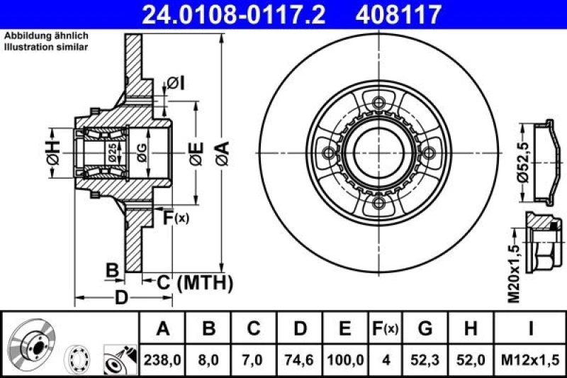 Image of ATE 24.0108-0117.2 Brake disc solid, Coated, with ABS sensor ring Brake Disc (82)