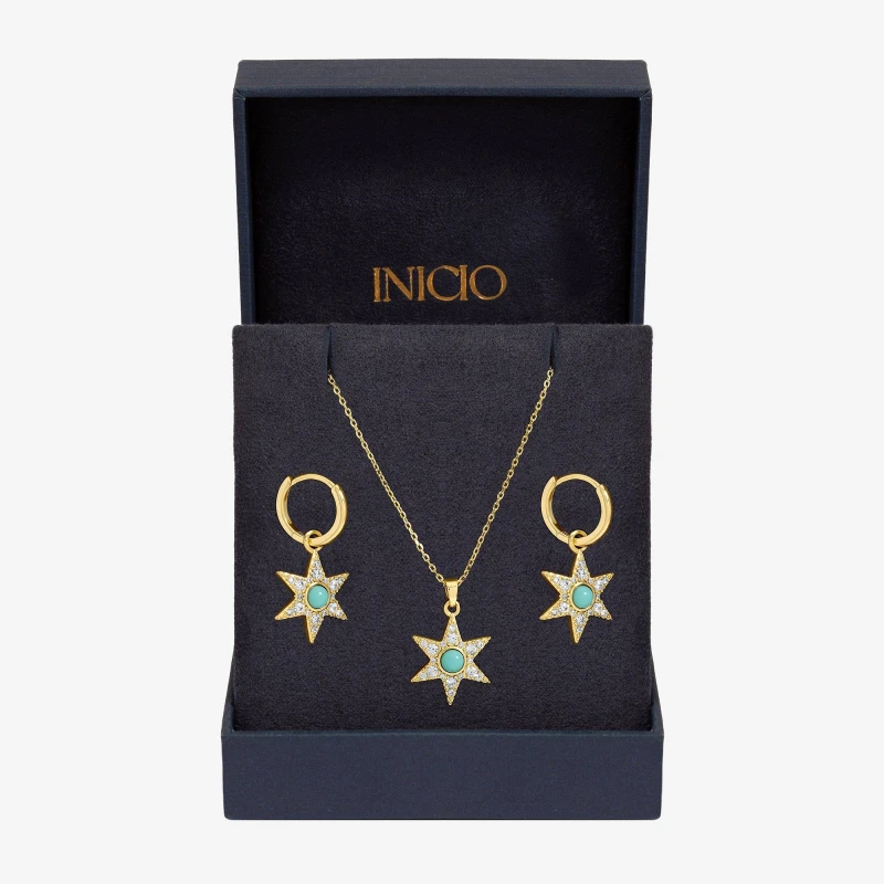 Image of Inicio Gold Plated Turquoise Star Trio Set - Gift Box Jewellery Sets One Size Gold 41455210000