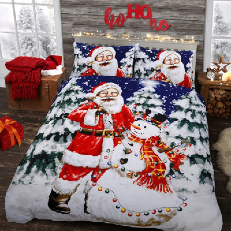 Image of Velosso Festive Santa Claus Printed Cotton Blend Duvet Cover & Pillowcase Set, Breathable, Easy-Care Duvet Cover With Button Closure - Red