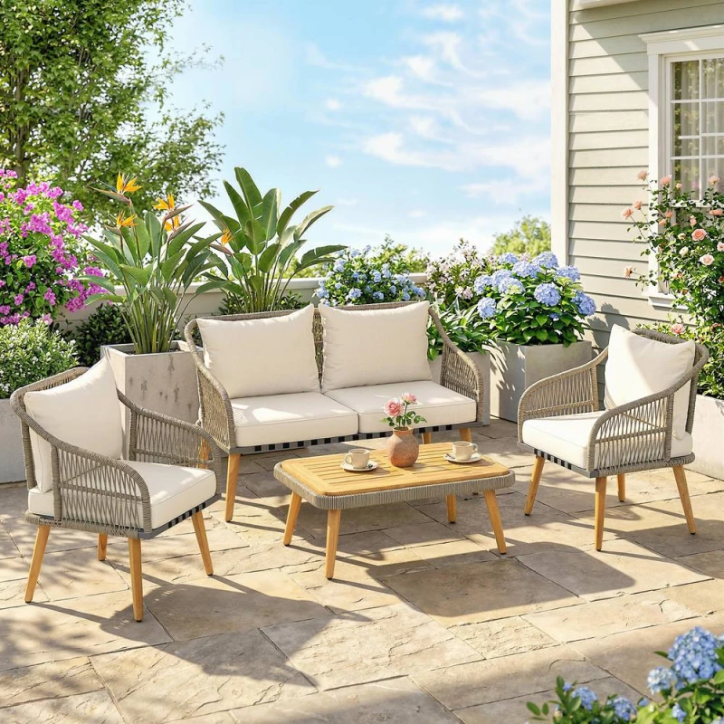 Image of OUTSUNNY 4 Piece Rattan Garden Furniture Set w/ Thick Cushions in Cream Cream Unisex