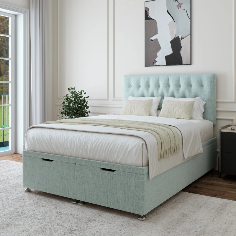 Image of Bedmaster Bedmaster Linen Ottoman Divan Base And Button Headboard in Duck Egg Blue Size: Super King Duck Egg Blue Super King Unisex 7867869895641