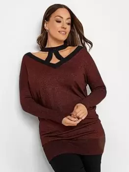 image of M&Co Cut Out Neck Metallic Jumper, Red, Size 12, Women