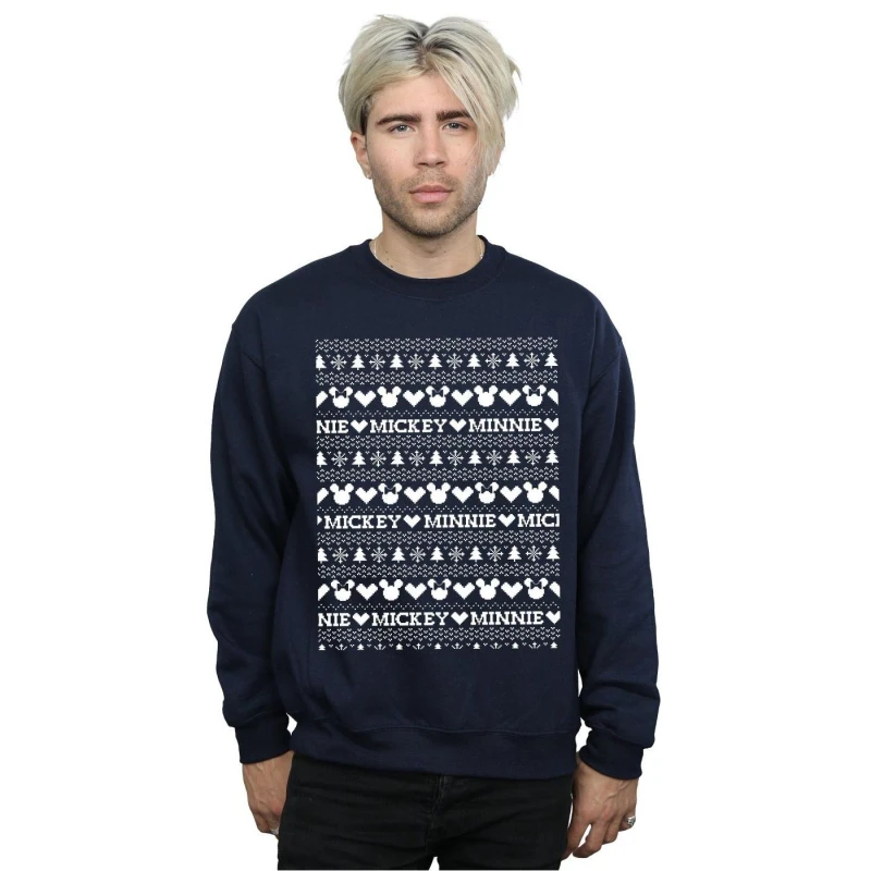 Image of Disney Men Mickey And Minnie Christmas Fair Isle Sweatshirt in Navy Size: Small Navy S Male 5057736013700