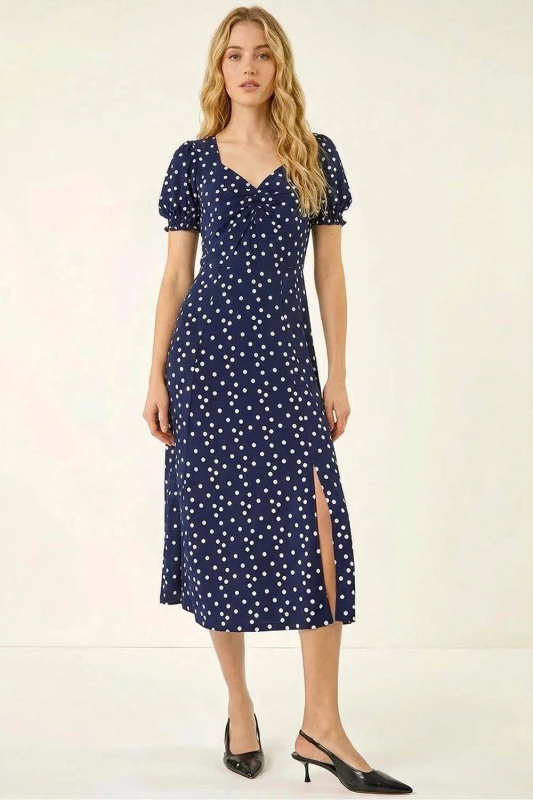 Image of Roman Womens Spotted Sweetheart Stretch Midi Dress in Navy Size: 20 Navy Female 20