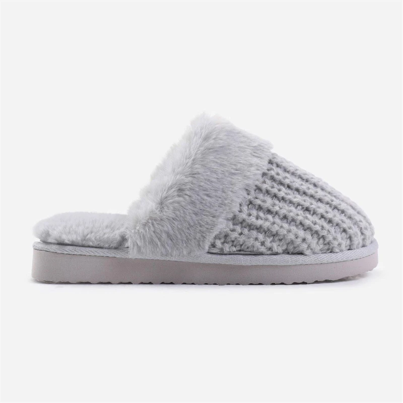 Image of Where's That From 'Lounge' Slip On Knitted Slippers With Fur Trim Grey