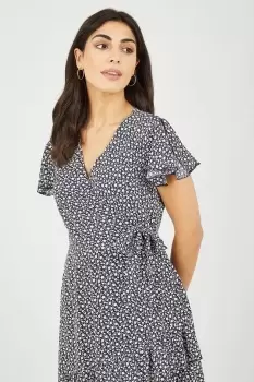 Image of Navy Ditsy Daisy Wrap Effect Frill Dress