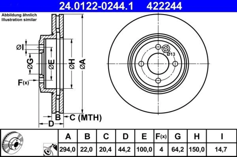 Image of ATE 24.0122-0244.1 Brake disc Vented, Coated, High-carbon Brake Disc (82)