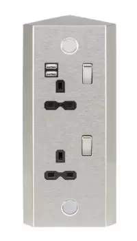 image of Knightsbridge 13A 2G Vertical Switched Socket with Dual USB Charger (2.4A) - Stainless Steel with Black insert - SKR001A