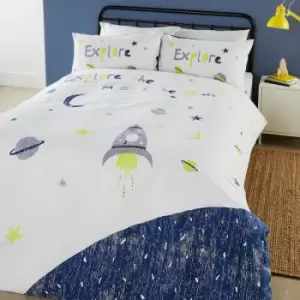 Image of Kids Explore Glow in the Dark 100% Cotton Reversible Duvet Cover Set, Blue, Double - Appletree