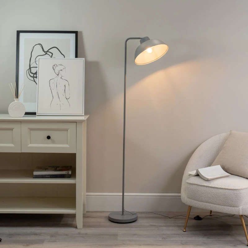 Image of ValueLights Morris Retro Dome Metal Freestanding Floor Lamp with LED Bulb Grey