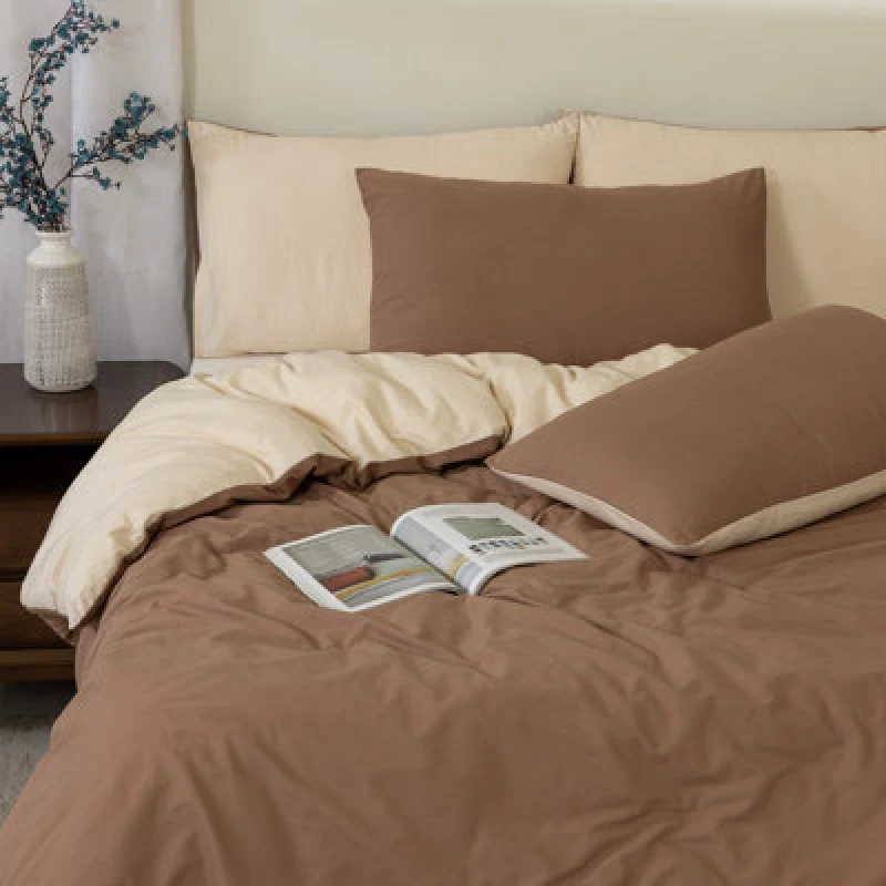 Image of MHG Living Reversible 100% Cotton Duvet Cover Set With Pillowcases - Soft & Breathable Brown Bedding, Button Closure - Single