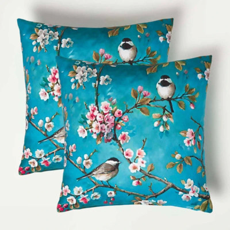 Image of Homescapes Blue Bird Outdoor Cushion 45 x 45 cm, Set of 2 Blue