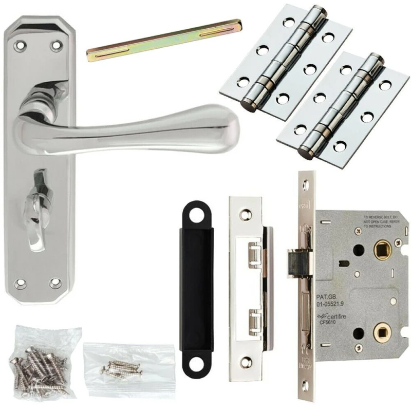 Image of Loops Door Handle & Bathroom Lock Pack Chrome Heavy Duty Prism Thumb Turn Backplate Multi