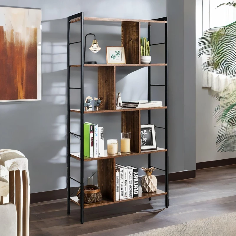 Image of Rafaelo Mobilia 154CM Tall 5 Tier Bookcase With Metal Frame in Dark Brown Dark Brown Unisex