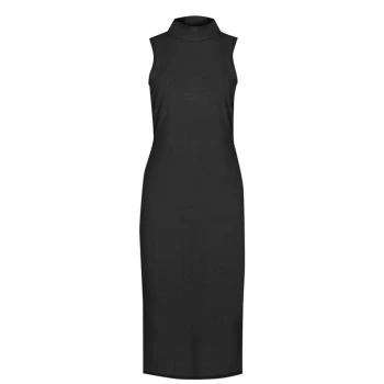 image of Fabric Brushed Soft Rib Slit Detail Midi Dress - Black