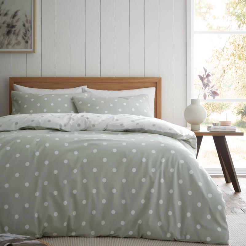 Image of Catherine Lansfield Green Polka Dot 100% Brushed Cotton Duvet Cover and Pillowcase Set Green