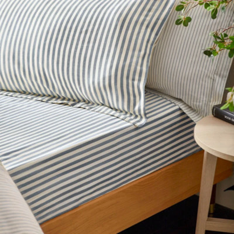 Image of Yard Hebden Striped Cotton Fitted Sheet, Navy, Single