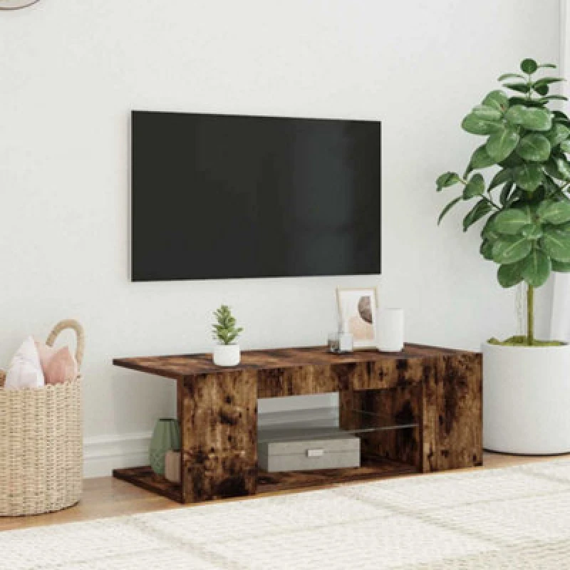 Image of vidaXL TV Cabinet with LED Lights Smoked Oak 90x39x30 cm, Brown 822665