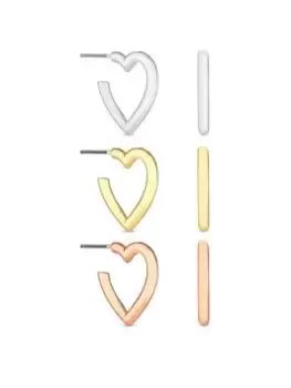 image of Mood Mood Tri Tone Polished Heart Hoop Earrings - Pack of 3, Multi, Women