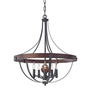 Image of 5 Light Ceiling Chandelier Pendant Light Antique Forged Iron, Acorn Wood, Charcoal, E14