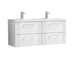 image of Nuie Deco 1200mm Wall Hung 4 Drawer Vanity & Double Polymarble Basin - Satin White