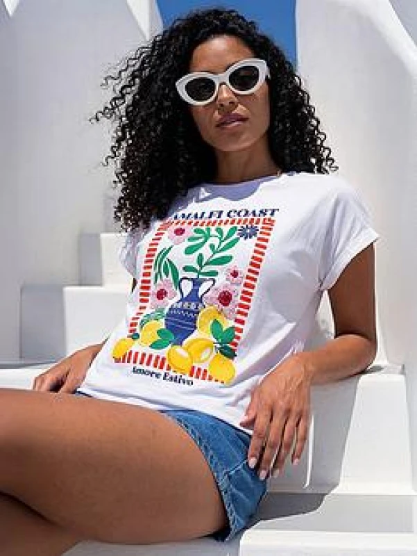 Image of Roman Womens Amalfi Coast Beaded T-Shirt in Ivory Size: 10 Ivory Female 10