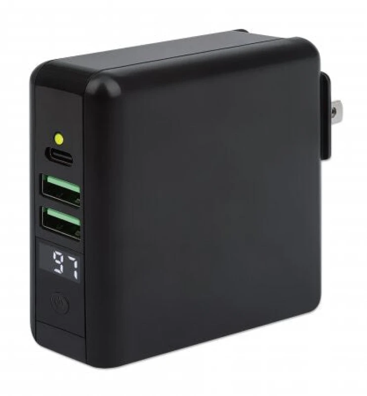 Image of Manhattan Manhattan 4-in-1 Travel Wall Charger and Powerbank 8,000 mAh, USA/UK/Euro 2-pin Plugs, Output: 1x USB-C, 2x USB-A ports and Wireless Chargin