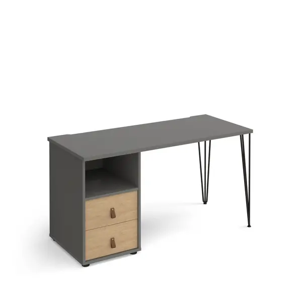 image of Tikal Straight Grey Desk with Black Hairpin Leg with Oak Drawers - 1400mm x 600mm