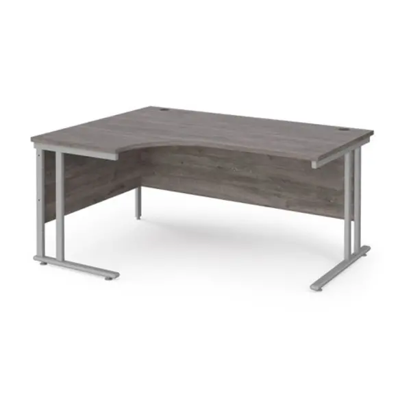 image of Maestro 25 left hand ergonomic desk 1600mm wide - silver cantilever leg frame, grey oak top