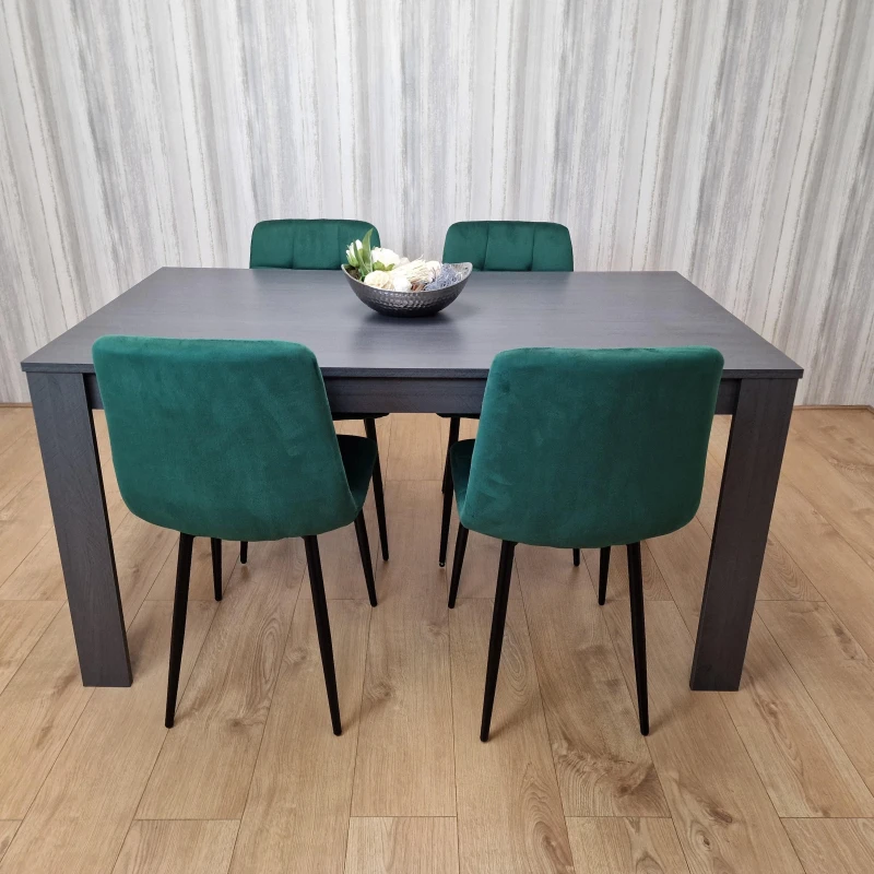 Image of KOSY KOALA Dining Table and 4 Chairs Black Dark Grey Velvet Green Chairs Wood Dining Set Furniture Arrow charcoal 117 + 4 green rocco