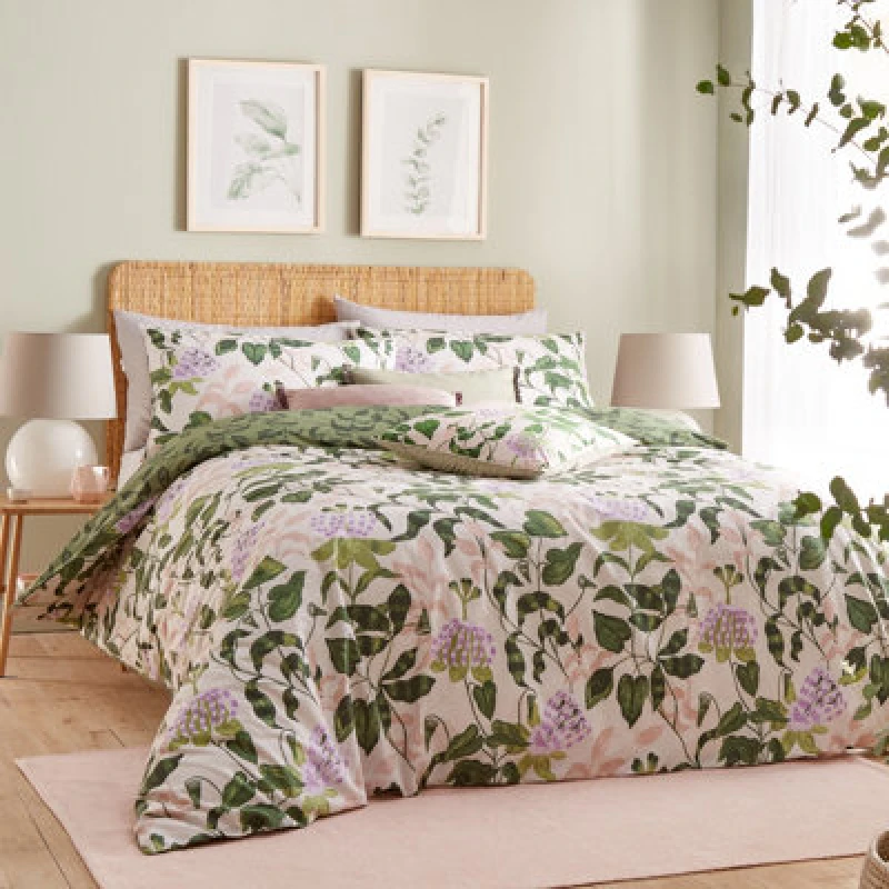 Image of Passiflora Botanical Duvet Cover Set Peach/Wine Green, Peach/Wine Green / Double