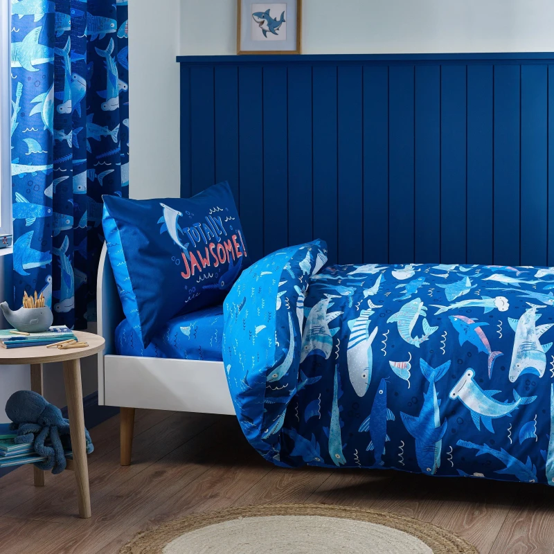 Image of Catherine Lansfield Jawsome Shark Reversible Duvet Cover Set Navy Blue unisex Junior