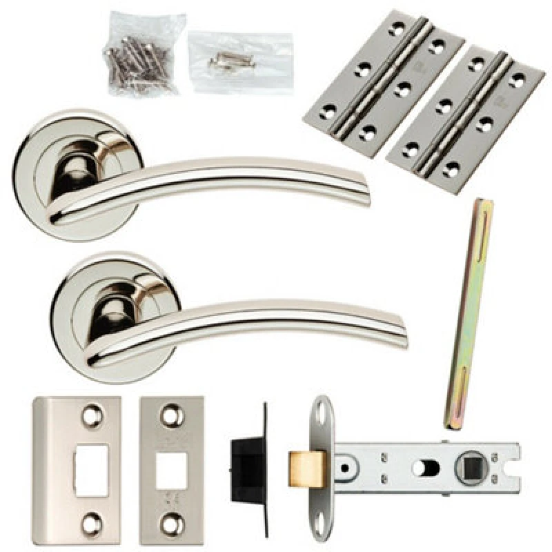 Image of Loops Door Handle & Latch Pack Polished Nickel Arched Lever Screwless Round Rose Metallics
