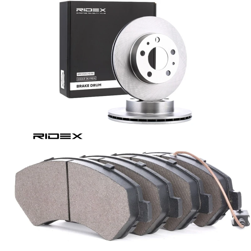 Image of RIDEX 3405B3397 Brake disc and pads set Front Axle, Brake Disc Type: Vented, incl. wear warning contact Brake Set,disc brakes (3405)
