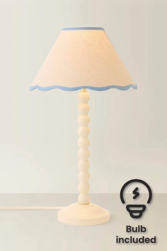 Image of ValueLights Bobbin Colour Trim Linen Shade Cream Bobble Table Lamp with Bulb in Baby Blue Baby Blue Unisex