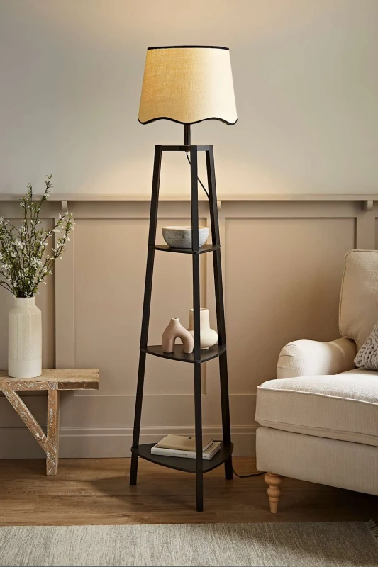 Image of ValueLights Hiru Black Three Tier Shelved Wooden Floor with Linen Trim Scallop Tapered Shade Black