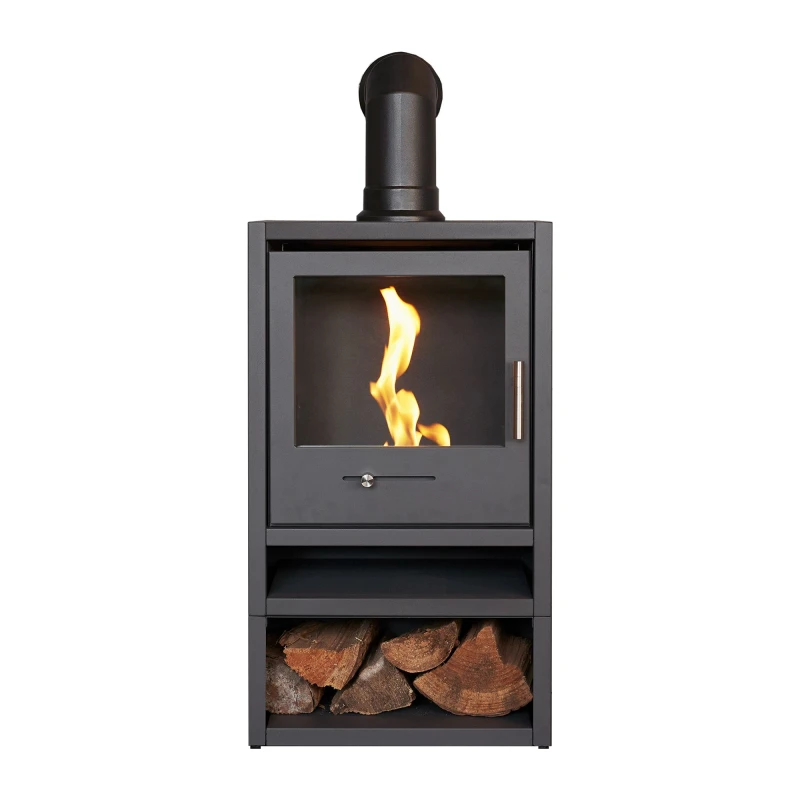 Image of OKO Bio Ethanol Fires S1 Bio Ethanol Stove with Log Storage in Charcoal Grey & Angled Stove Pipe Black