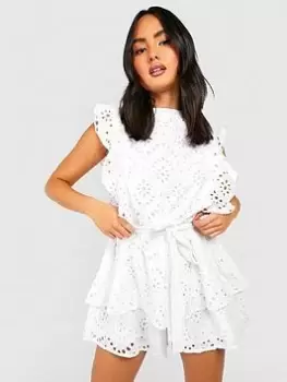 Image of Boohoo Broderie Ruffle Playsuit - White, Size 10, Women