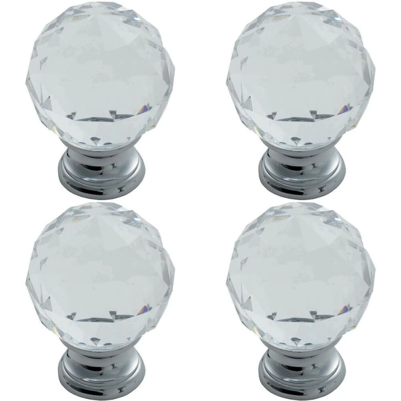 Image of Loops 4x Faceted Crystal Cupboard Door Knob 25mm Dia Polished Chrome Cabinet Handle Multi unisex