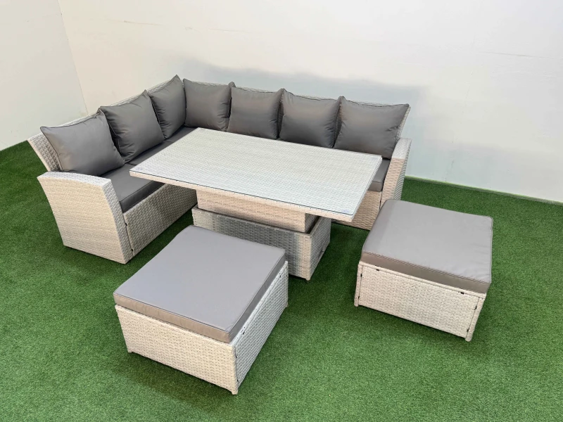 Image of Fimous 8 Seat Garden Furniture Corner Sofa with Armchair 2 Big Footstools in Light Grey Light Grey Unisex