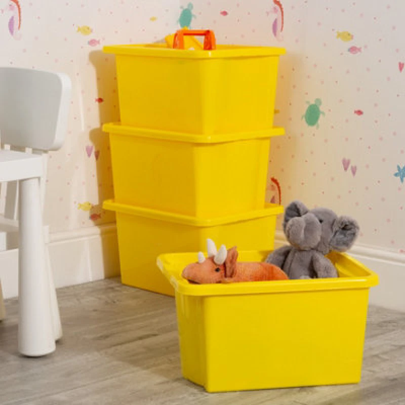 Image of Wham Stack & Store 4X 30L Plastic Storage Boxes. Ideal For Toys, Classrooms & Playrooms. Integrated Handles. Yellow